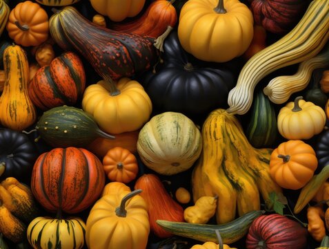 Decorative Ornamental Gourd Pumpkin Squash Colorful Harvest Fall Autumn Repeating Tiled Tesselation Background Pattern Image	
