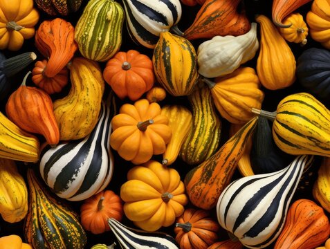 Decorative Ornamental Gourd Pumpkin Squash Colorful Harvest Fall Autumn Repeating Tiled Tesselation Background Pattern Image	
