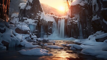 The frozen, crystalline beauty of a winter waterfall, catching the golden rays of the setting sun in a pristine natural setting.