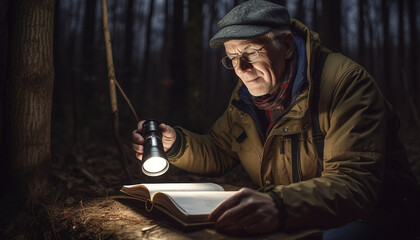 Senior man reading book outdoors in the autumn forest generated by AI