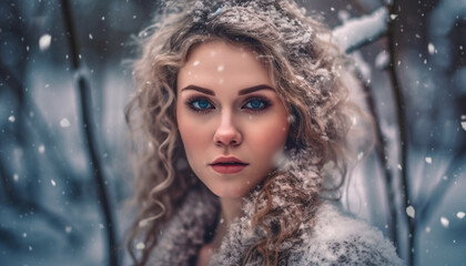 A beautiful young woman in winter, smiling at the camera generated by AI