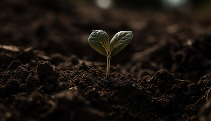 Fresh green seedling grows in dirt, symbolizing new life and growth generated by AI - obrazy, fototapety, plakaty