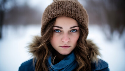 One young woman, outdoors in winter, looking at camera generated by AI