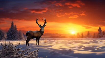 The silhouette of a deer standing in a field, framed by the radiant colors of the setting sun and surrounded by a snowy landscape.