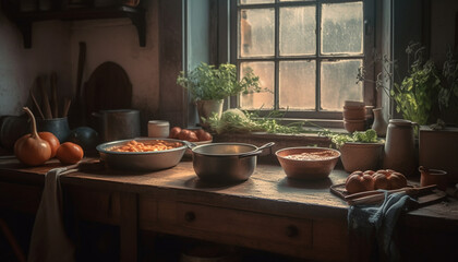 Rustic homemade vegetarian meal with fresh organic vegetables and bread generated by AI