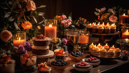 Sweet berry candlelight dessert, indulgence in natural plant decoration generated by AI