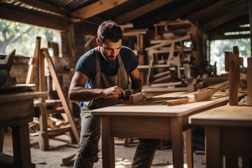 Fototapeta na wymiar A carpenter meticulously crafting wooden furniture in a workshop.