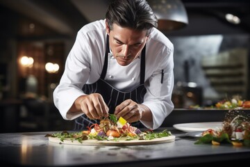 A chef meticulously garnishing his signature dish in a gourmet kitchen.