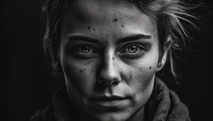 Serious young adult portrait, monochrome headshot, looking at camera generated by AI