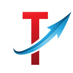 Red and Blue Futuristic Letter T Icon with a Glossy Arrow