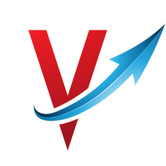 Red and Blue Futuristic Letter V Icon with a Glossy Arrow