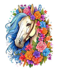 Cartoon comic Horse headshot in flowers, Isolated background,  