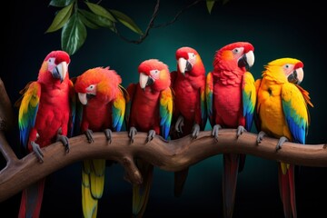 A group of colorful parrots interacting on a tree branch.