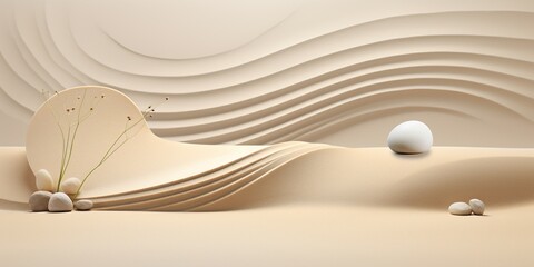 Zen Garden Harmony: An abstract interpretation of a Zen garden, with meticulous raked lines in sand, balanced with minimalistic, natural elements and a tranquil, earthy color palette