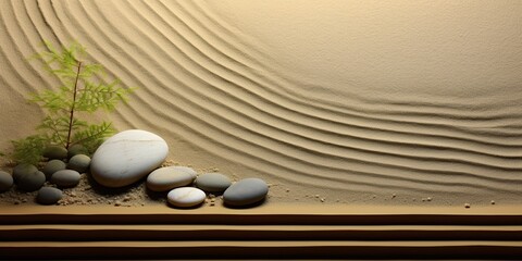 Zen Garden Harmony: An abstract interpretation of a Zen garden, with meticulous raked lines in sand, balanced with minimalistic, natural elements and a tranquil, earthy color palette