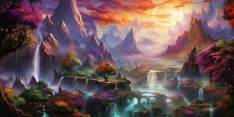 Obraz na płótnie Canvas Epic Fantasy Landscape: An awe-inspiring abstract landscape that captures the essence of a fantastical world, with towering peaks, mystical forests, and cascading waterfalls