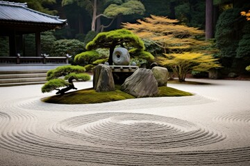 A serene Japanese Zen garden with raked sand and strategically placed rocks.