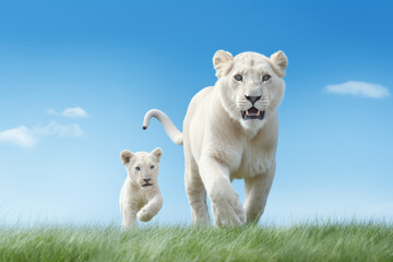 Obraz premium A cute white lion family. The White breed has a very rare genetic probability. The Creator God embodies the richness and mystery of nature. Natural environment and animal protection concept.