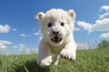 Cute white lion cub. The White breed has a very rare genetic probability. The Creator God embodies the richness and mystery of nature. Natural environment and animal protection concept. - Powered by Adobe