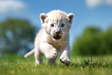 Cute white lion cub. The White breed has a very rare genetic probability. The Creator God embodies the richness and mystery of nature. Natural environment and animal protection concept.