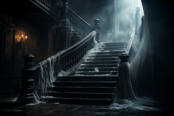 Scary abandoned mansion at night. Spooky staircase with webs and a glowing ghostly apparition. Generative Ai.