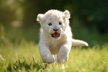 Cute white lion cub. The White breed has a very rare genetic probability. The Creator God embodies the richness and mystery of nature. Natural environment and animal protection concept. - obrazy, fototapety, plakaty