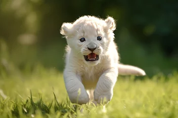 Foto op Aluminium Cute white lion cub. The White breed has a very rare genetic probability. The Creator God embodies the richness and mystery of nature. Natural environment and animal protection concept. © omune