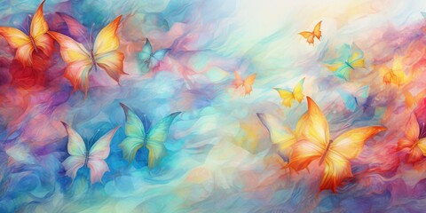Prismatic Butterfly Dreams: An abstract representation of prismatic butterflies in flight, forming intricate patterns in a soft, pastel palette, conveying a sense of beauty, transformation, and grace 