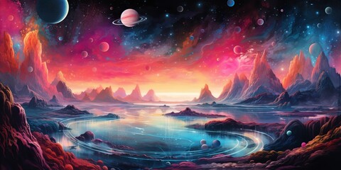Surreal Cosmic Voyage: A captivating abstract artwork resembling a surreal journey through the cosmos, featuring ethereal planets, surreal landscapes, and interstellar dust in a dreamlike and cosmic