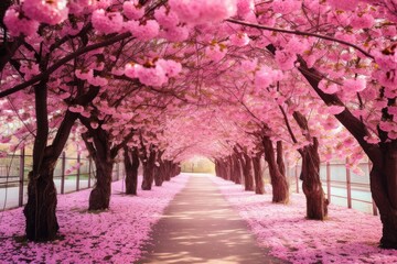 A tunnel of cherry blossoms in full bloom.