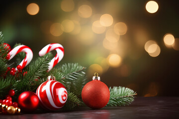 Christmas holiday background with ornaments and candy cane