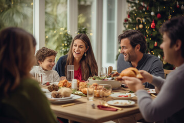 Family sits down for a Christmas holiday dinner meal