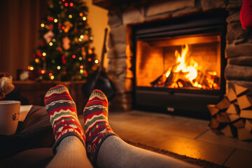 Person with colorful socks rests by a warm cozy Christmas fireplace