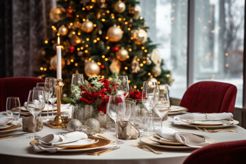 Christmas holiday table setting by a decorated tree in winter