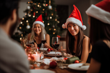 Young woman at a Christmas dinner party wearing Santa hats