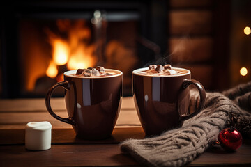 Mugs of hot chocolate with marshmallows in front of a warm fireplace