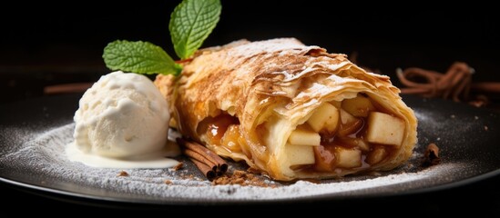 Cinnamon spiced apple pastry topped with ice cream