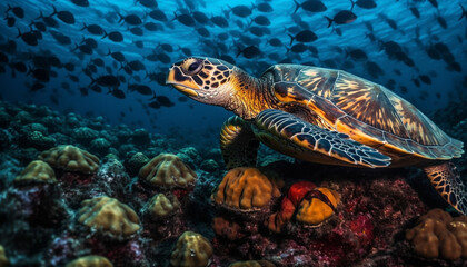 Obraz premium Underwater turtle swimming in blue sea with colorful fish generated by AI