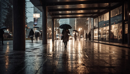 Walking in the rain, city life blurred motion illuminates generated by AI