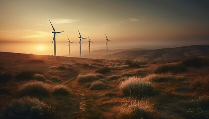 Obraz premium Wind turbines turning, generating sustainable power in rural mountain landscape generated by AI