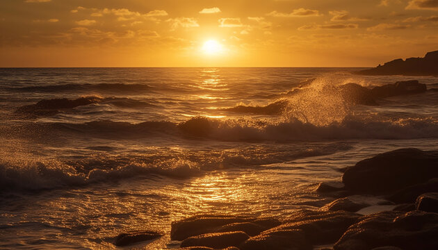 Sunset over the tranquil water, nature beauty in a wave generated by AI