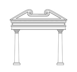 Ancient pediment line concept. Greek and old Rome architecture and marble columns and roof. Poster or banner for website. Linear flat vector illustration isolated on white background - obrazy, fototapety, plakaty