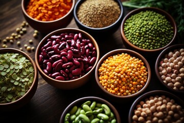 Assortment of legumes and pulses in bowls.