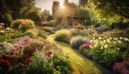 Obraz premium The green meadow blossoms with colorful flowers in nature generated by AI