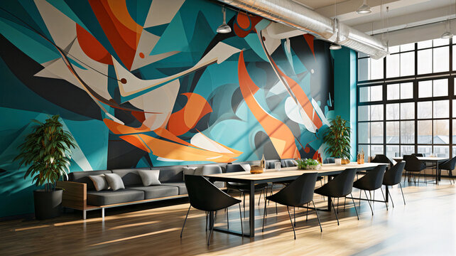 Modern minimalist Interior of dining room in the office with abstract mural on the wall
