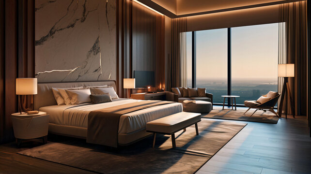 Modern luxury bedroom hotel with double bed, pillows in a dark gloomy. A room with a view of the city from the bed