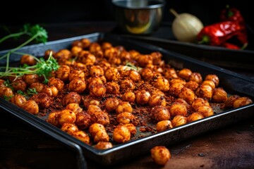 Baking tray with crispy roasted chickpeas and seasoning.