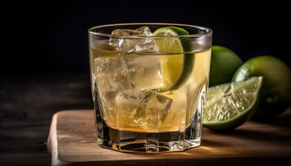 A refreshing cocktail on a wooden table, full of freshness generated by AI