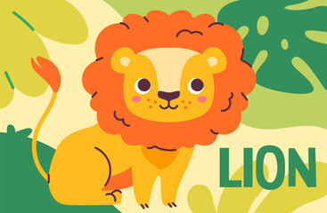 Animal poster with lion concept. Mammal with leaves at background. Wildlife, flora and fauna. Biological cute cover. Graphic element for website. Cartoon flat vector illustration