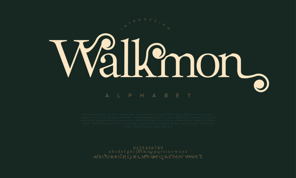 Walkmon premium luxury elegant alphabet letters and numbers. Elegant wedding typography classic serif font decorative vintage retro. Creative vector illustration